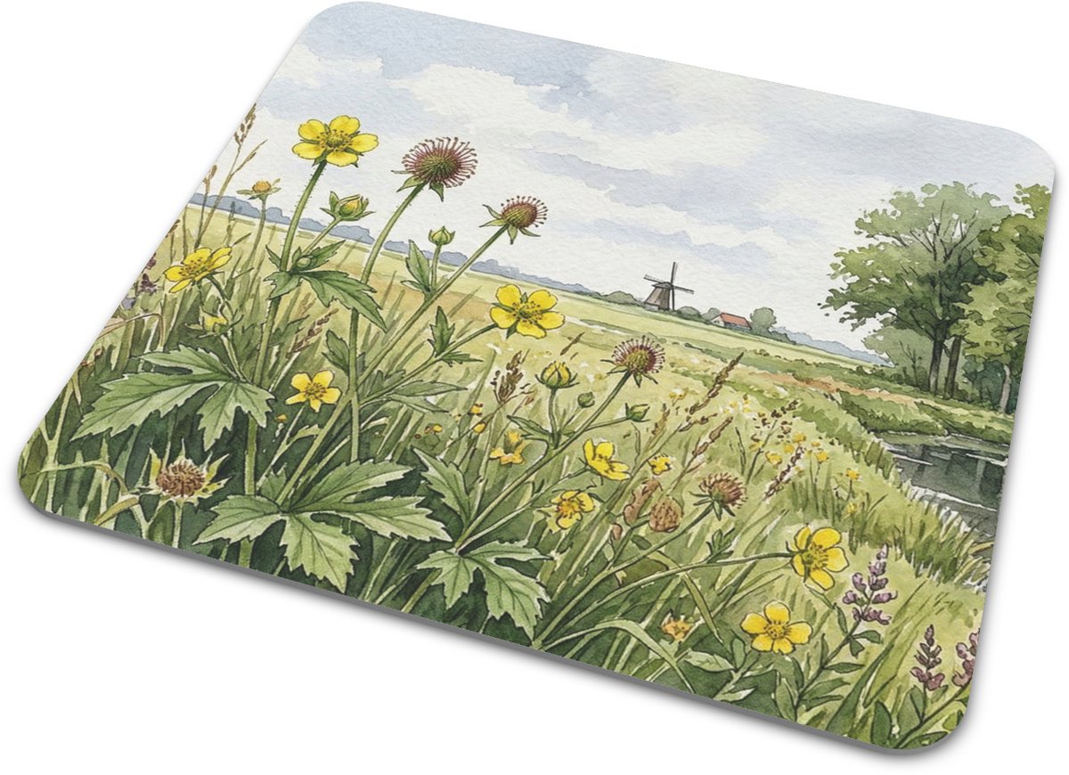 Muismat Geel Nagelkruid Geum Urbanum - Aquarel Series - Gele Bloemen Molen Weilanden Botanische Print Kantoor Thuiswerkplek Accessoires Cadeau voor haar: Vrouw, Vriendin & Collega Bureaumat - Natuur Illustratie PC Computermat Polder Planten Motief
