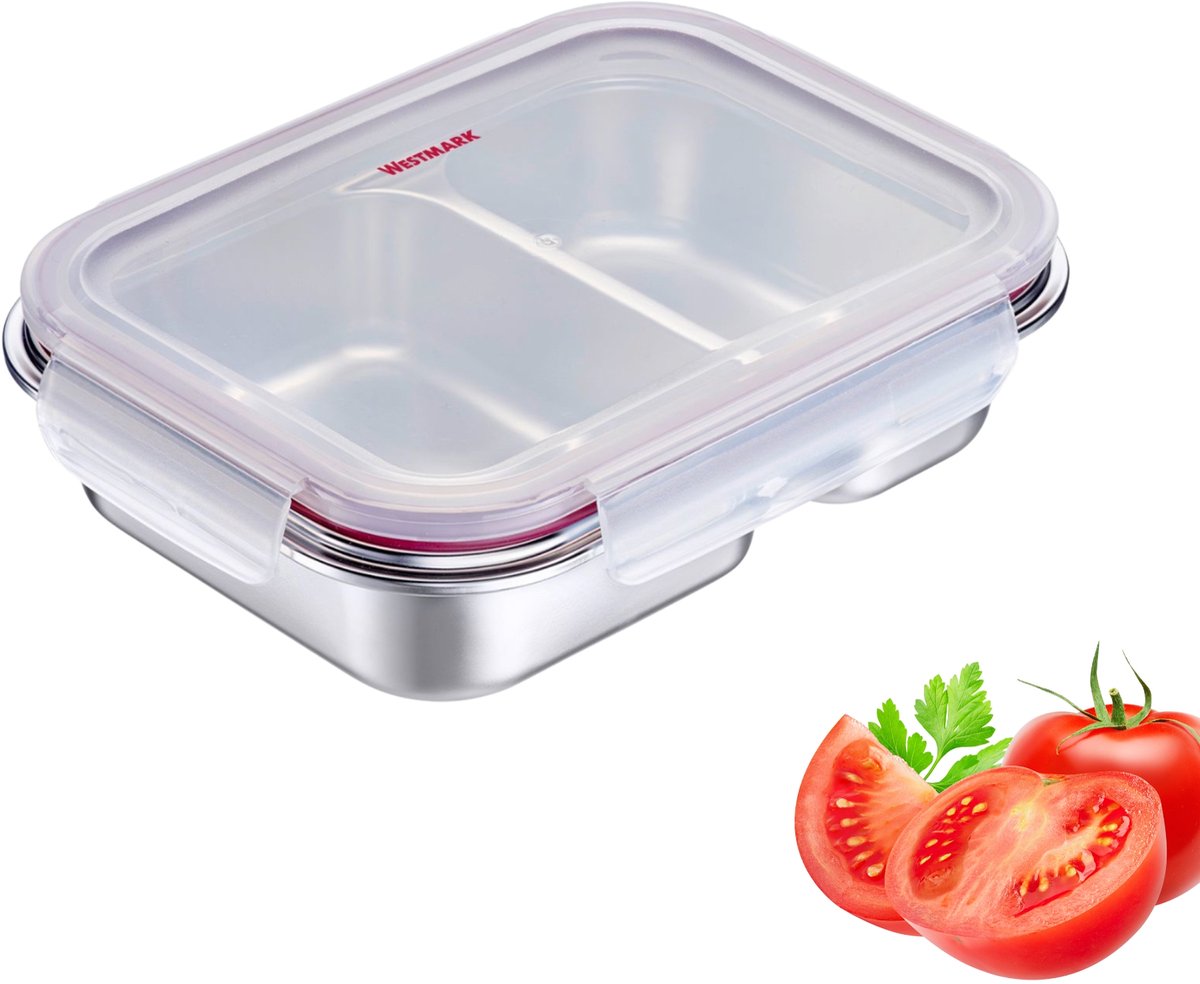 Westmark roestvrijstalen lunchbox – Lekvrije broodtrommel – Magnetron- en ovenbestendig, BPA-vrij – Bento-box voor school, werk en kinderdagverblijf – Zilver, gedeeld 450 + 280 ml