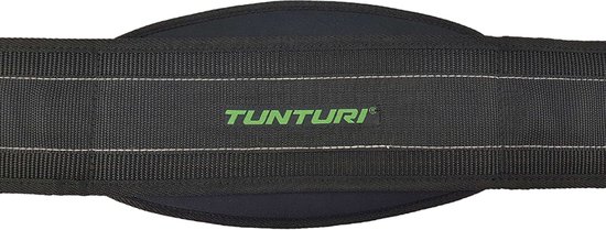 Detail van zwarte diptrainingsriem met groene Tunturi-logo.