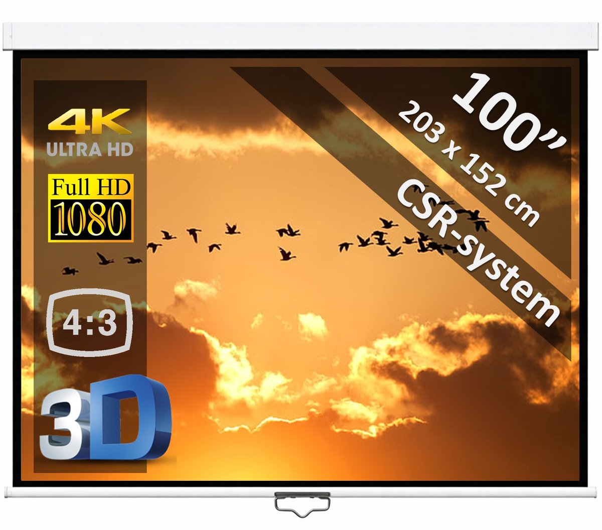 Manueel Projectiescherm 100" (2m54) - 200 x 150 cm - 4:3 - mét CSR syteem - beamer scherm - WITTE behuizing