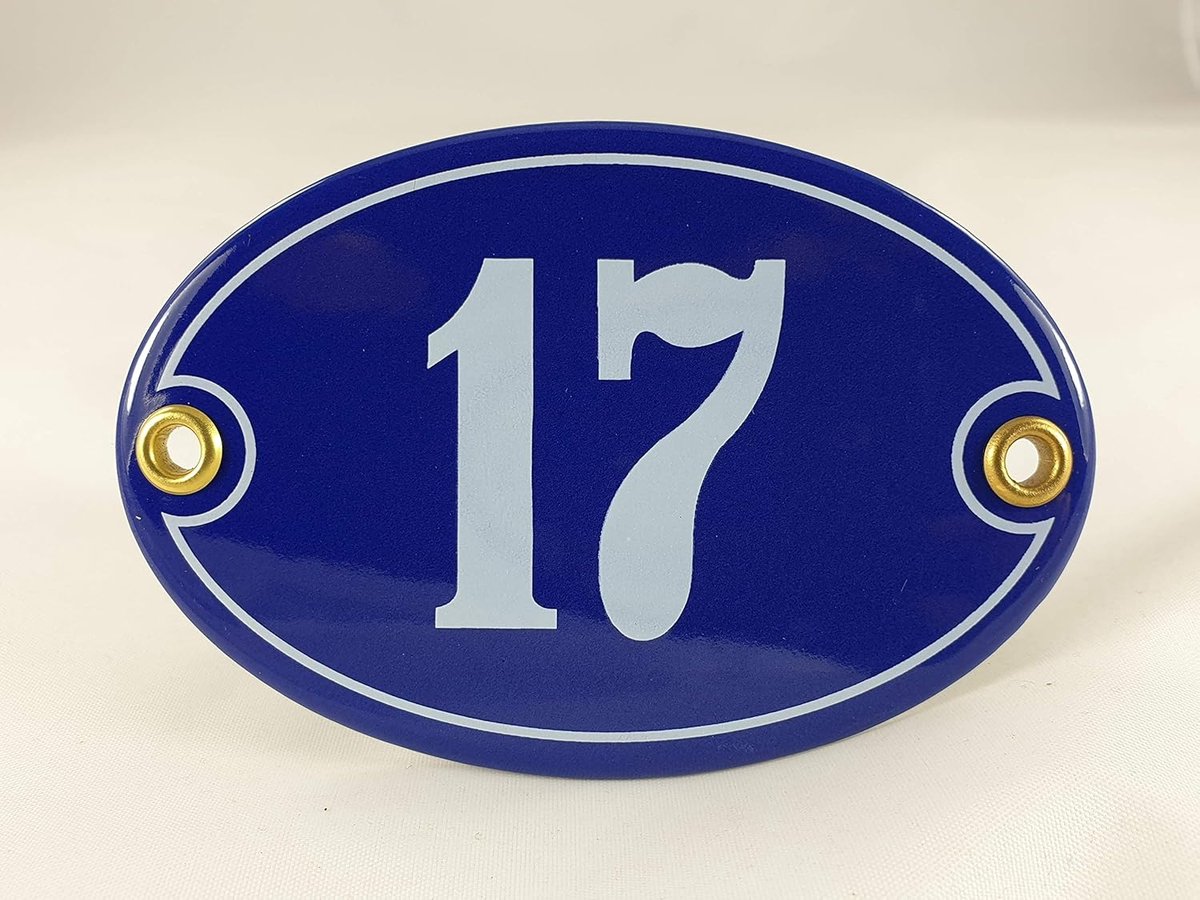 Huisnummer Bord - Nummer 17 - Buiten Decoratie - Ovaal Emaille - 10.5 x 7 cm - Blauw Wit
