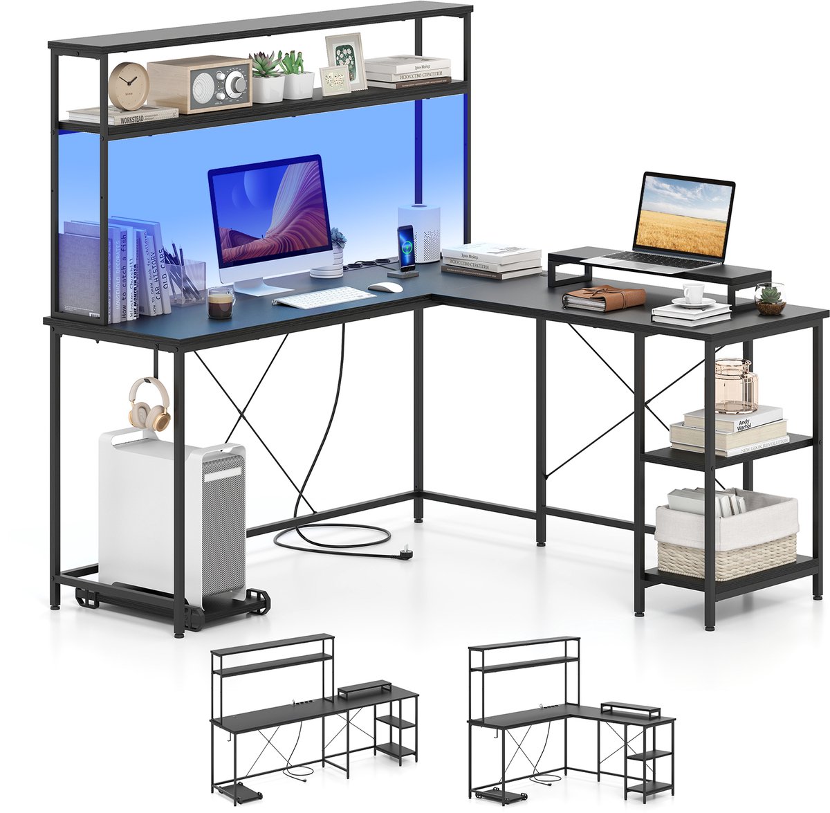 COSTWAY L-vormig gamingbureau, hoekbureau elektrisch met ledstrips en stopcontacten, omkeerbare printtafel met monitorstandaard, opbergplanken, hoofdtelefoonhaak (zwart)