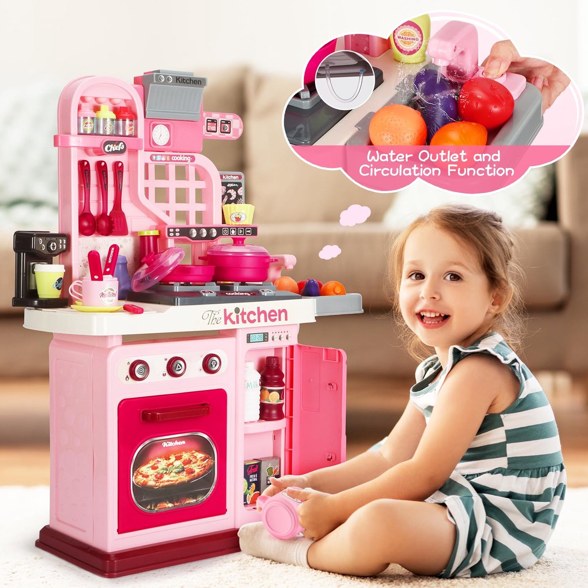 53-delige speelkeukenset voor kinderen - 69 cm speelkeuken met geluid en licht, kookplaat, speelgootsteen, oven, keukenspeelgoed, fantasiespel, keukenspeelgoed voor peuters van 1, 2 en 3 jaar (roze) — afbeelding 4