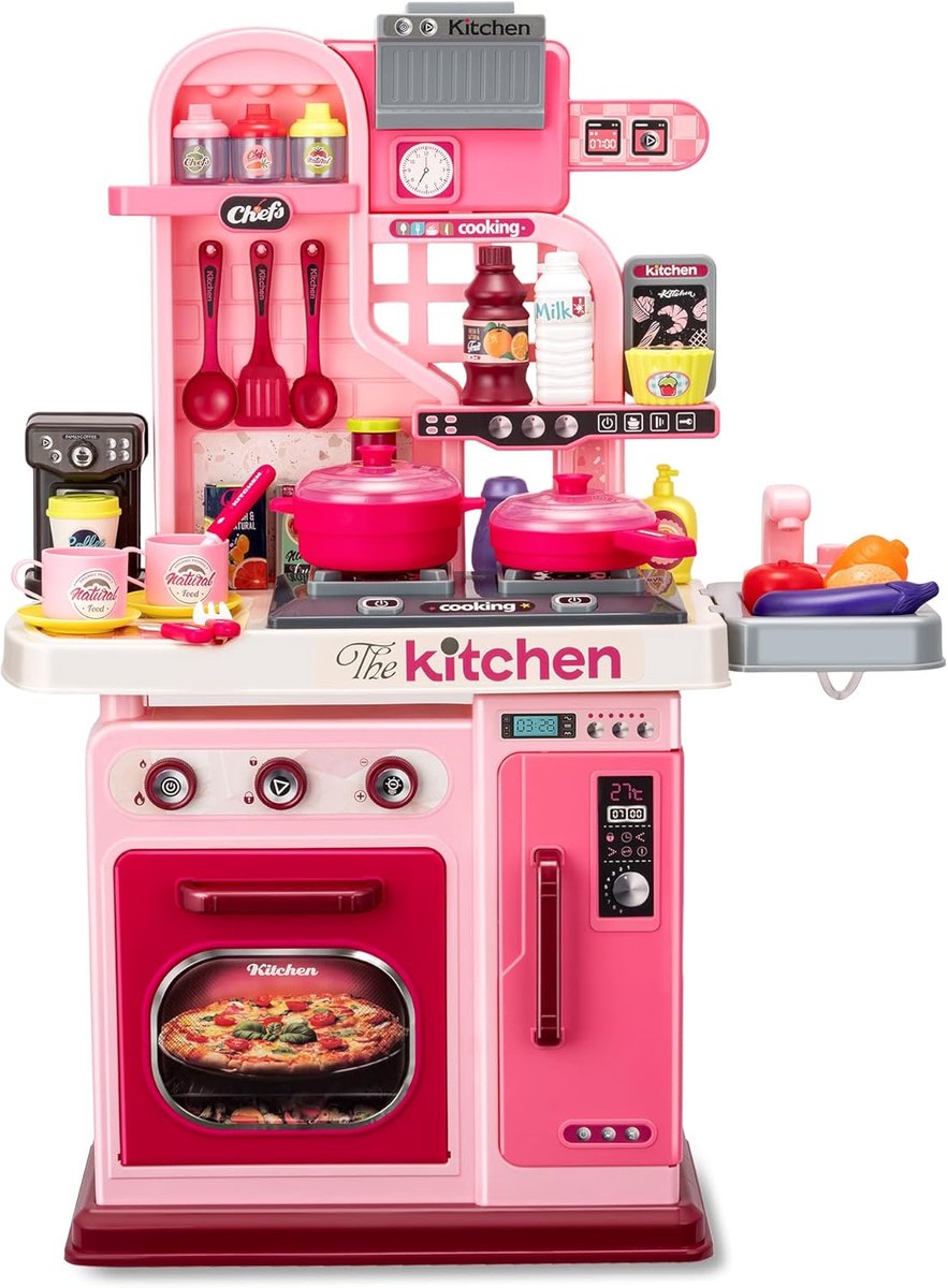 53-delige speelkeukenset voor kinderen - 69 cm speelkeuken met geluid en licht, kookplaat, speelgootsteen, oven, keukenspeelgoed, fantasiespel, keukenspeelgoed voor peuters van 1, 2 en 3 jaar (roze) — afbeelding 9