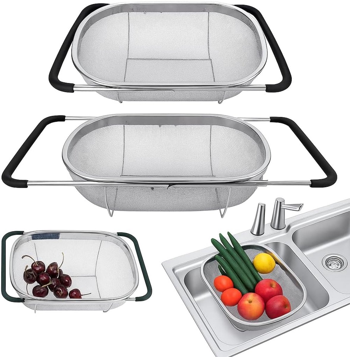 Premium kwaliteit boven wastafel roestvrij staal ovale Colander met fijn mesh 6 kwart filter mand en uitbreidbare rubberen handvatten - filter, afvoer, spoel fruit, groenten (upgrade)