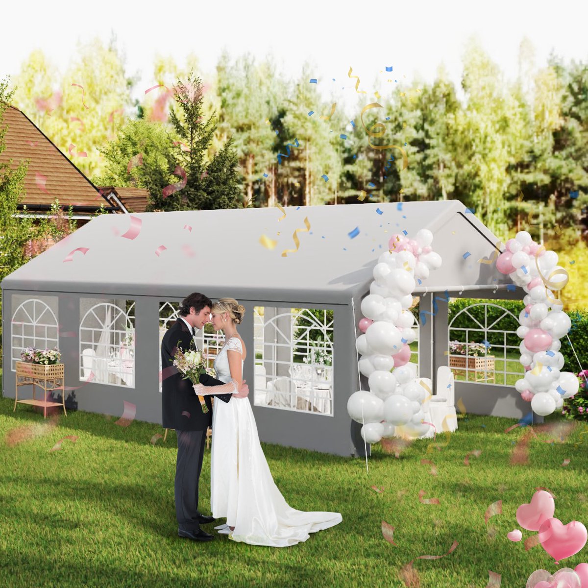 Aufun Partytent Paviljoen 4x8m Metalen Paviljoen Tuinpaviljoen met Zijpanelen Waterdichte Tuintent Pergola voor Feest, Marktkraam, Tuin Buiten Camping, Grijs