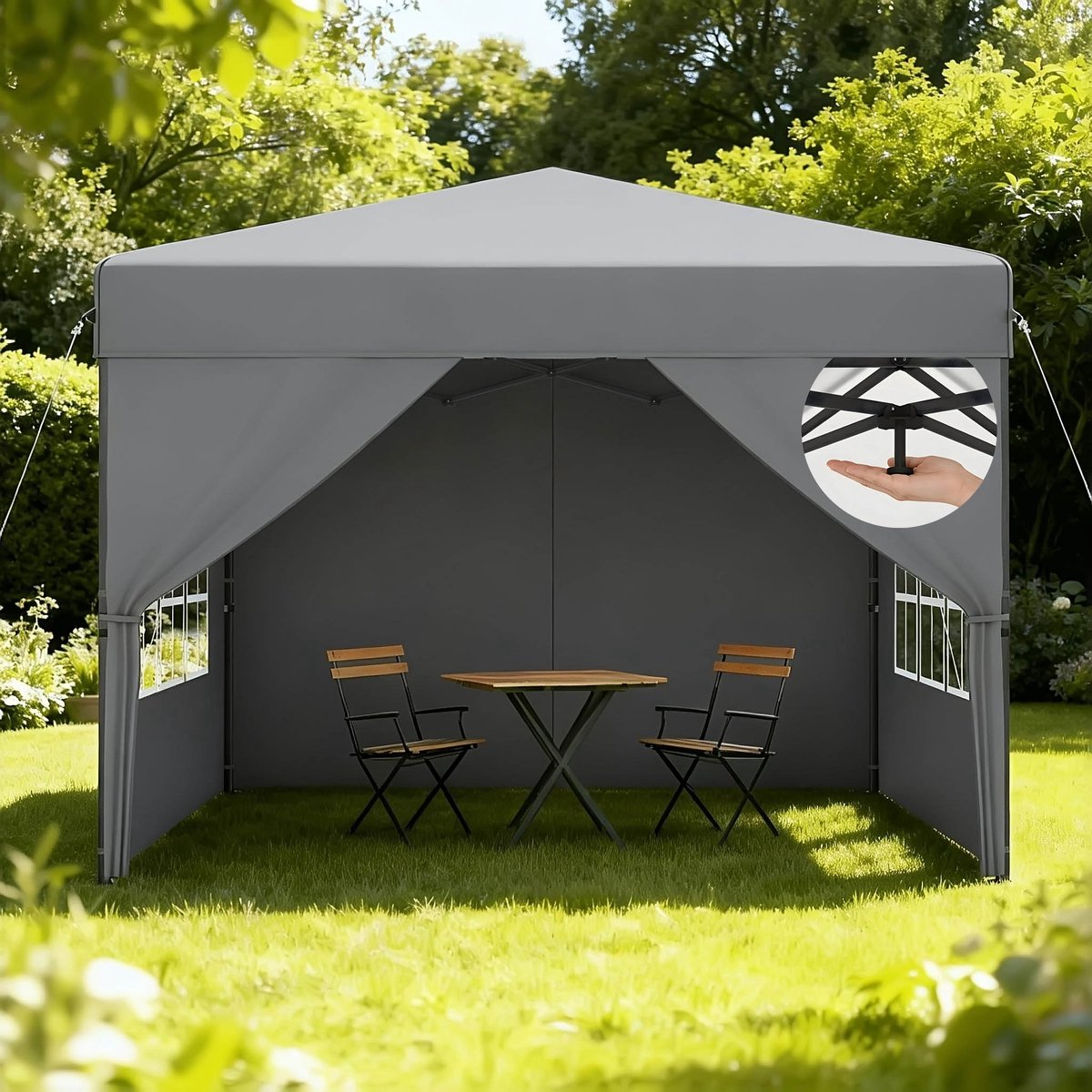 Aufun Pop-Up Partytent - 3 X 3 M - Zilvergrijs - Stof Met Vierzijdige Rand - Hoogte Verstelbaar Van 240 Tot 260 cm - Opvouwbaar - Stalen Frame - Voor Tuin, Camping, Feest, Bruiloft, Binnenplaats