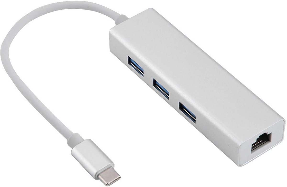 USB Hub Adapter - Type C Ethernet - Netwerk Verbinding - Gigabit Snelheid 3 Poorten - 9.5x2.8x1.7 cm - Zilver