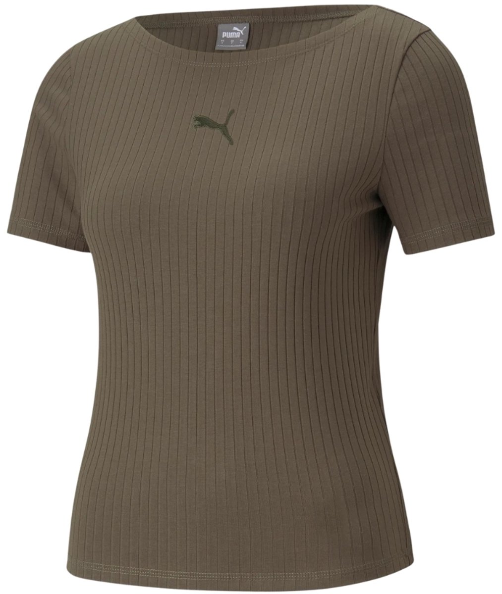 Puma T-shirt Dames HER Ribbed Slim Tee Grape Leaf Kaki Creme