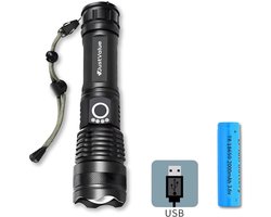 JustValue Zaklamp - LED XHP50 - Oplaadbaar Via USB C - 800 1000 Lumen - Zoombaar - Waterdicht IP44 - Inclusief 18650 Batterij - Aluminium Behuizing - 100 Meter Bereik