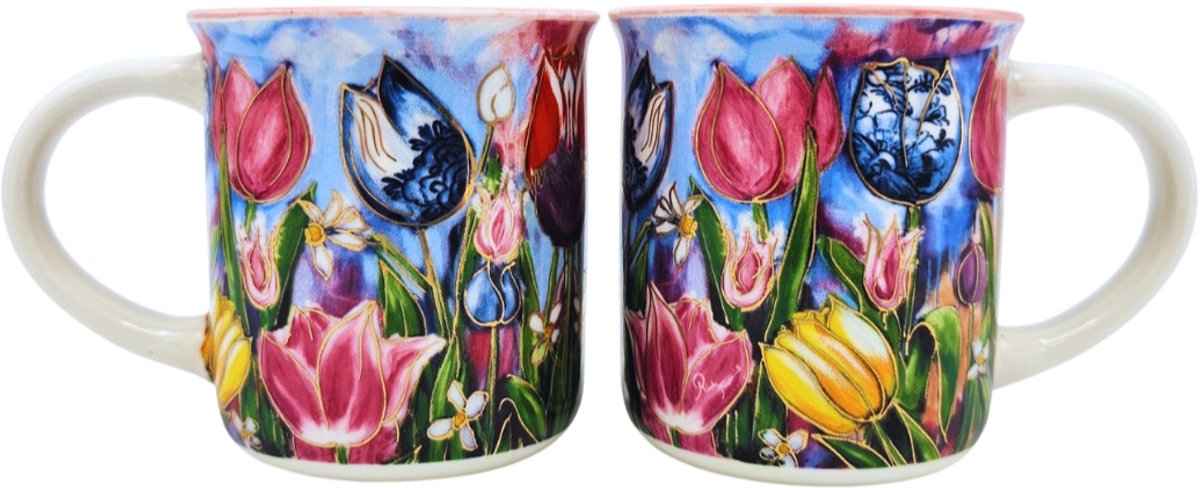 Koffiemokken - Geschenkset van 2 Koffiebekers - kleurrijke tulpen - Rick Triest - Typisch Hollands - souvenir