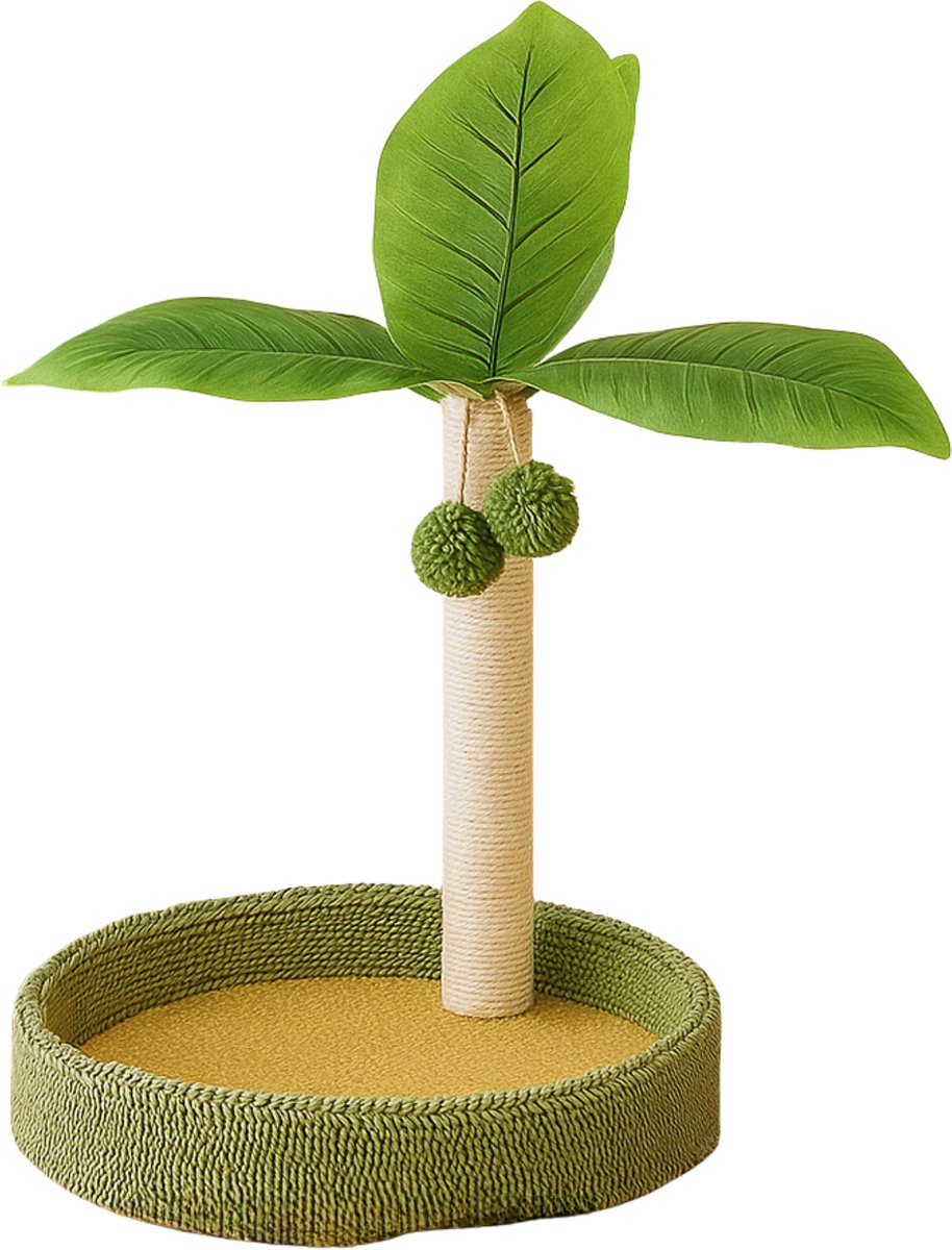 EcoPawPaw Kattenkrabpaal met Mand – Kokospalm Design – Sisal Krabpaal – Verstelbare Bladeren – Met Speelballetjes
