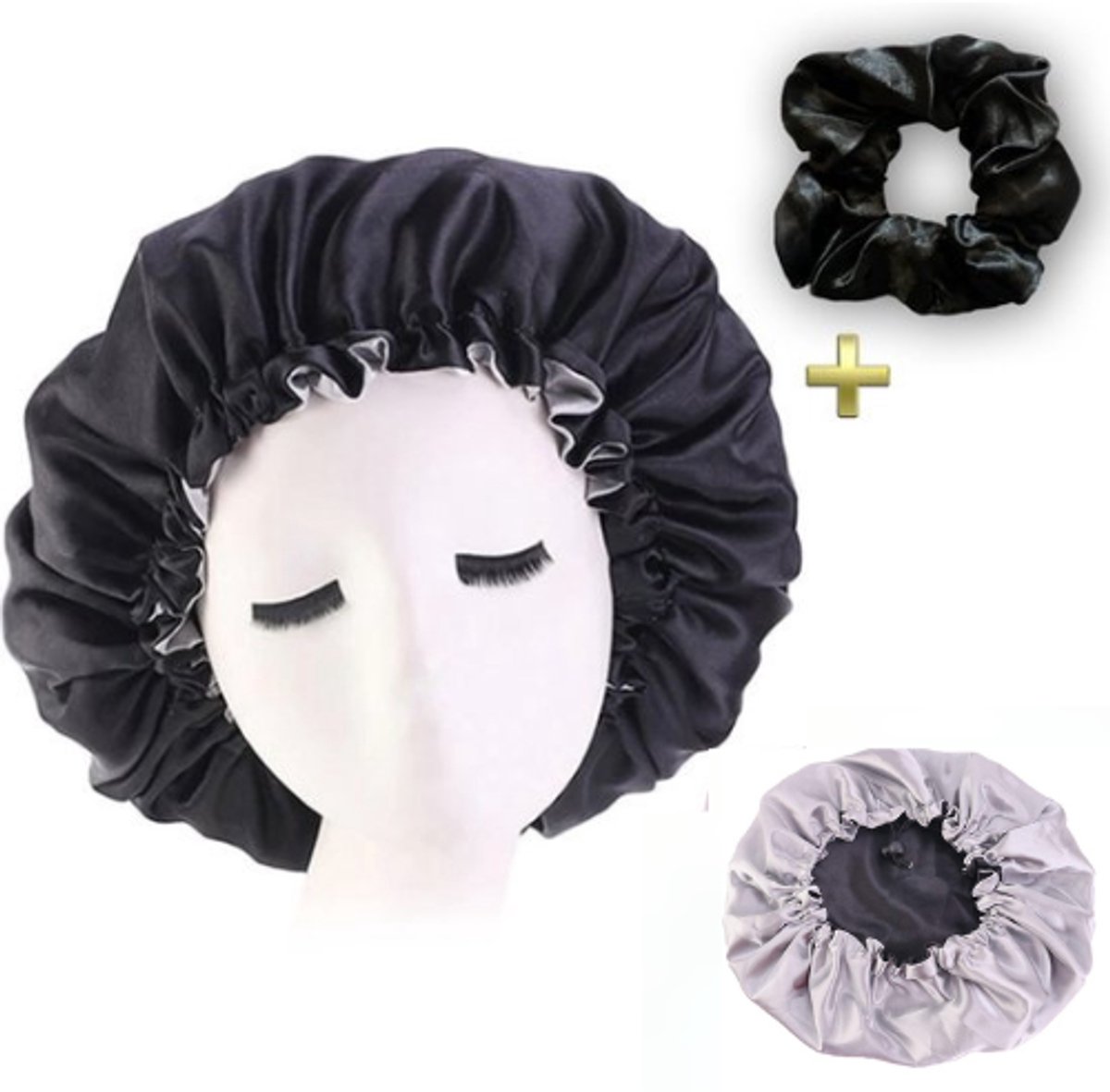 Zwarte Satijnen Slaapmuts / Hair Bonnet / Haar bonnet van Satijn / Satin bonnet