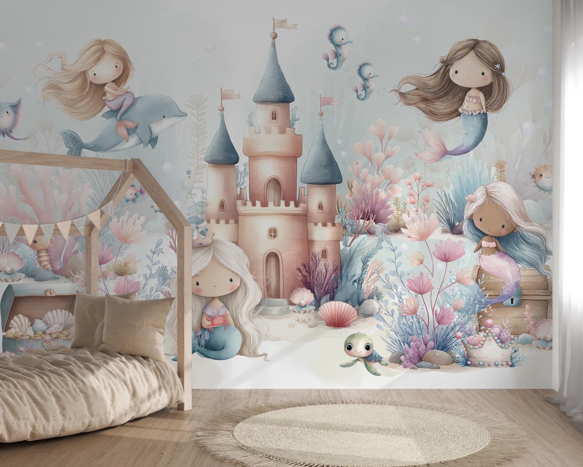 Designed4Kids - Behang kinderkamer - Wandvullend -Onderwaterwonderland: Zeemeerminnen Behang Pastel 350 breed x 260 hoog