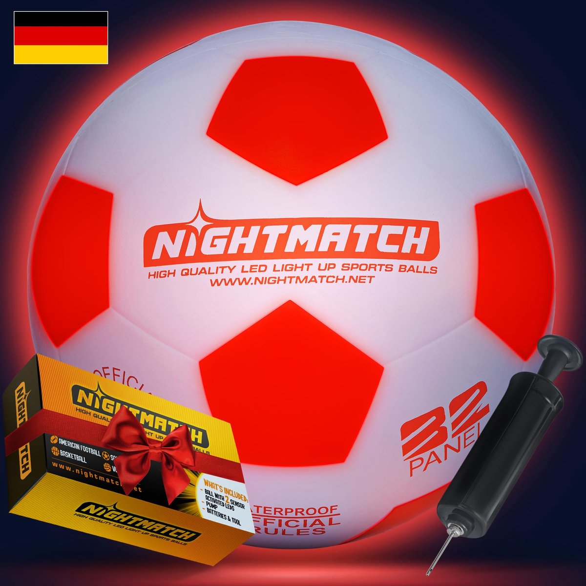 NIGHTMATCH Officiële maat 5 Waterbestendige LED-verlichte voetbal - Verlichte voetbal voor nachtwedstrijden, kinderen, volwassenen - Complete set met pomp en extra batterijen