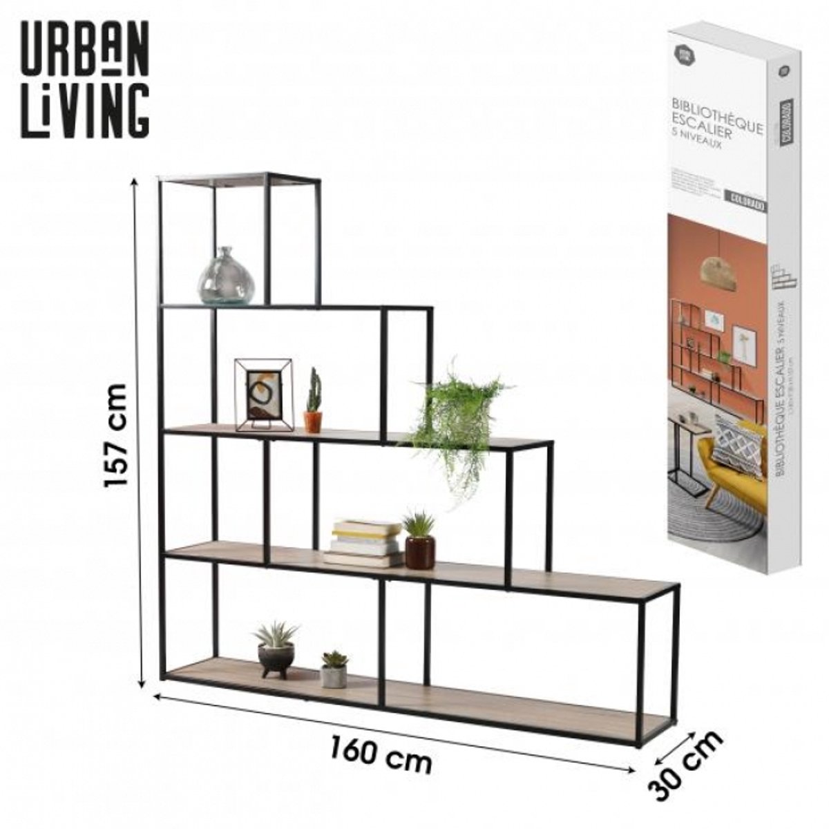 CaliCosy Boekenkast met 5 niveaus en Design Trap - Decoratie Hout en Zwart Metaal - L160 x H157 cm - LEXIE