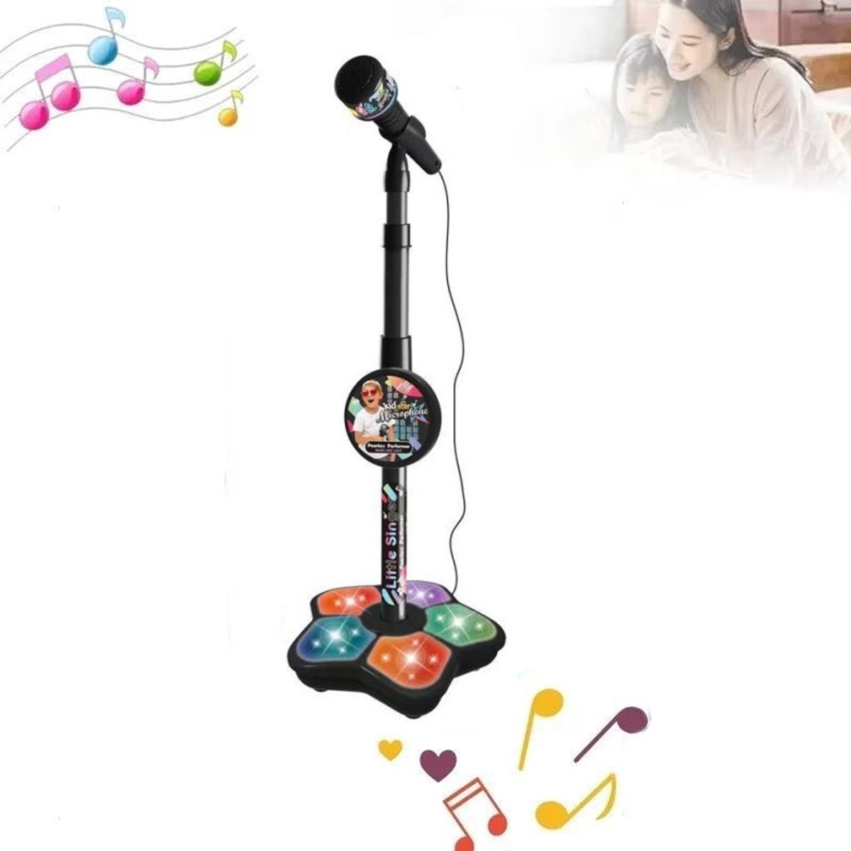 Zwarte Kind Microfoon Met Stand - Met Verlichting & Muziek, KARAOKE Microfoon Speelgoed voor Peuters