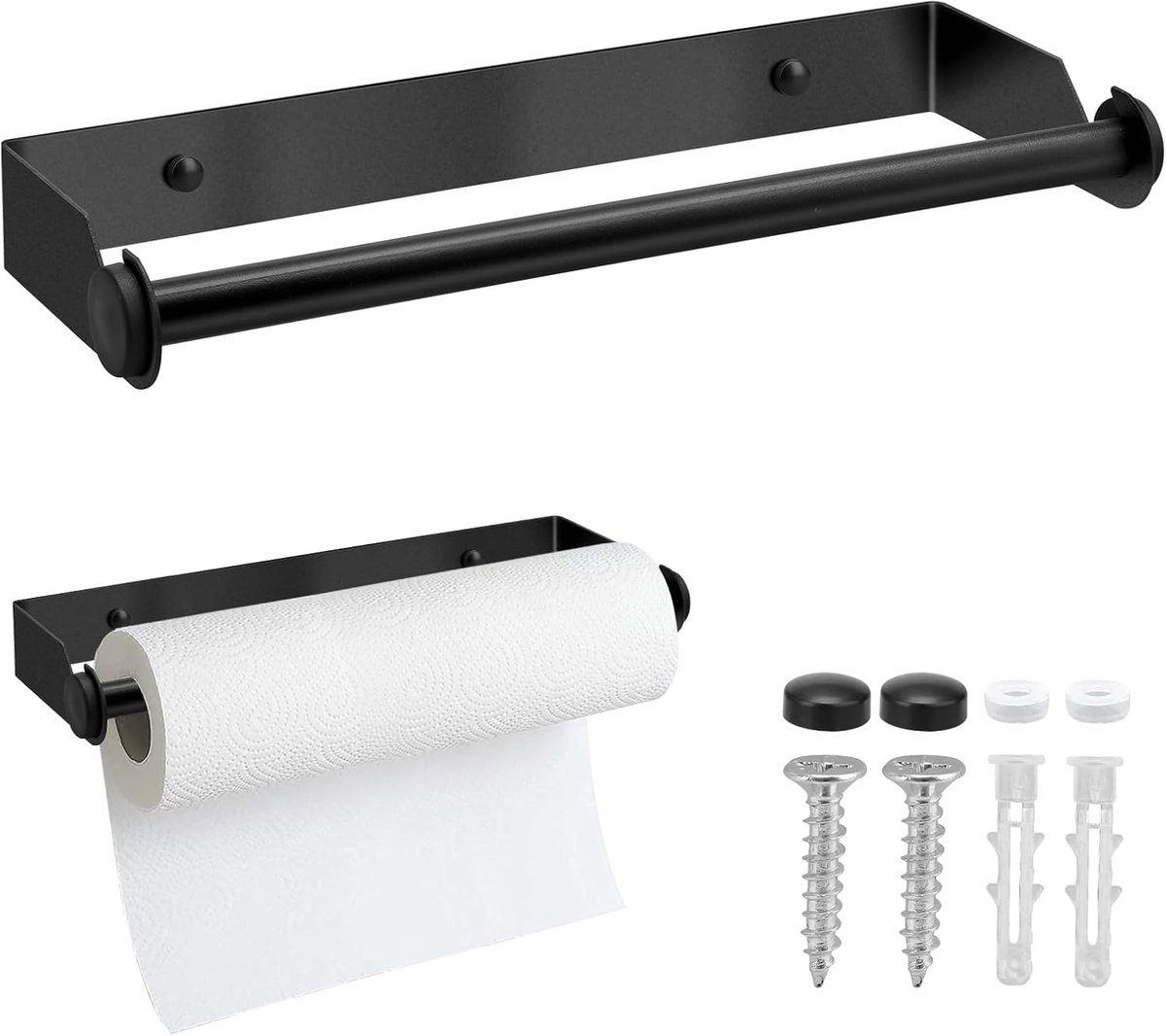 Keukenrolhouder Muur, 28CM Kukenrolhouder Edelstaal, Keukenpapierhouder met Schroeven, Papierrolhouder voor Keuken Badkamer Woonkamer - Zwart