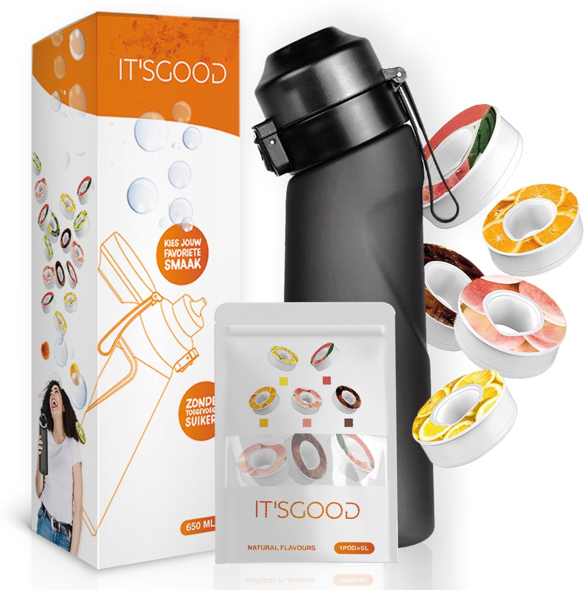 It'sgood - Geurwater Drinkfles - ZWART - Geur Waterfles - Fruit Flavors – Drink Up & Breathe the Air of Taste - Geurwater Drinkfles - Inclusief 5 Pods - 650 ml - Tritan - BPA-vrij - Starterskit - Start Up Set - Starterset - Aromacapsules 0 suiker