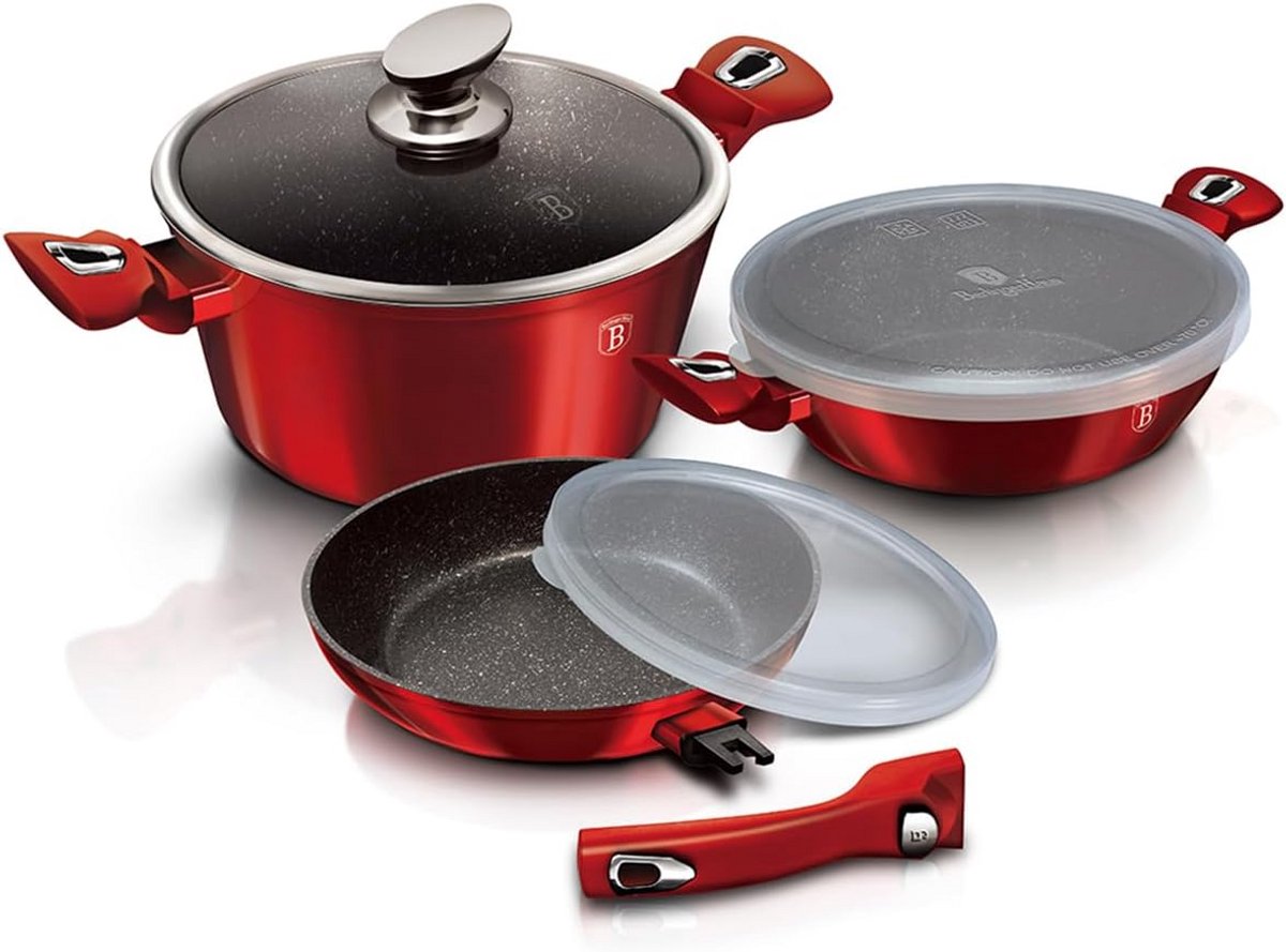 Pannen Set met Verwijderbare Steel - 7 Delige Aluminium Kookset - Bordeaux Rood