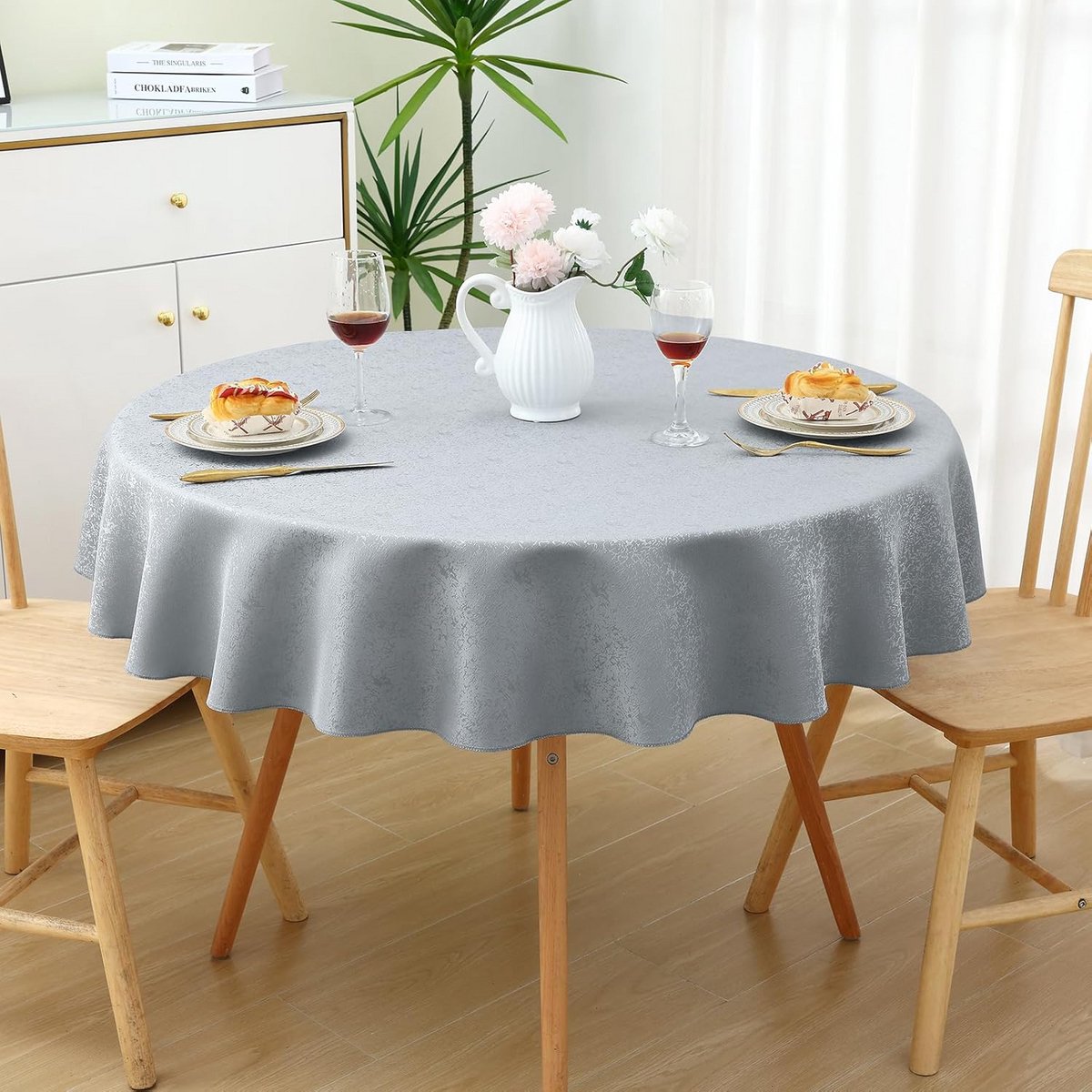 Rond Tafelkleed 140cm Jacquard Grijs Afwasbaar en Onderhoudsvriendelijk