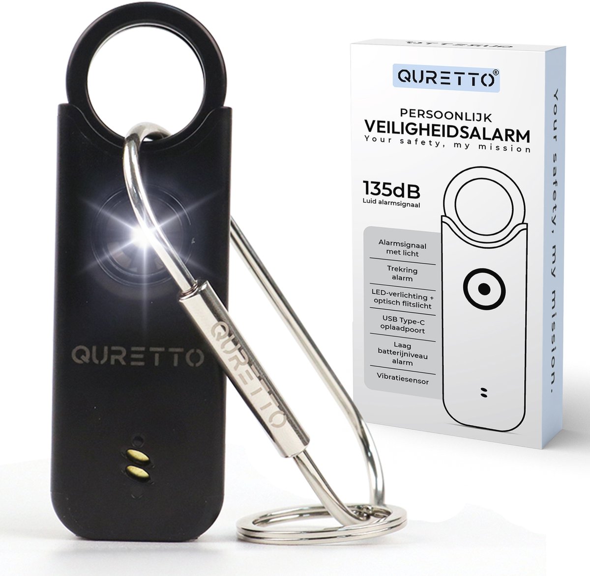 QURETTO® Persoonlijk Alarm 135 dB met Vibratiesensor – Inbraak- & Noodalarm – Veiligheidsalarm Sleutelhanger – Voor Vrouwen, Ouderen & Kinderen – Zelfverdediging & Wolvenverjager – USB-C Oplaadbaar met LED Zaklamp – Alarmknop