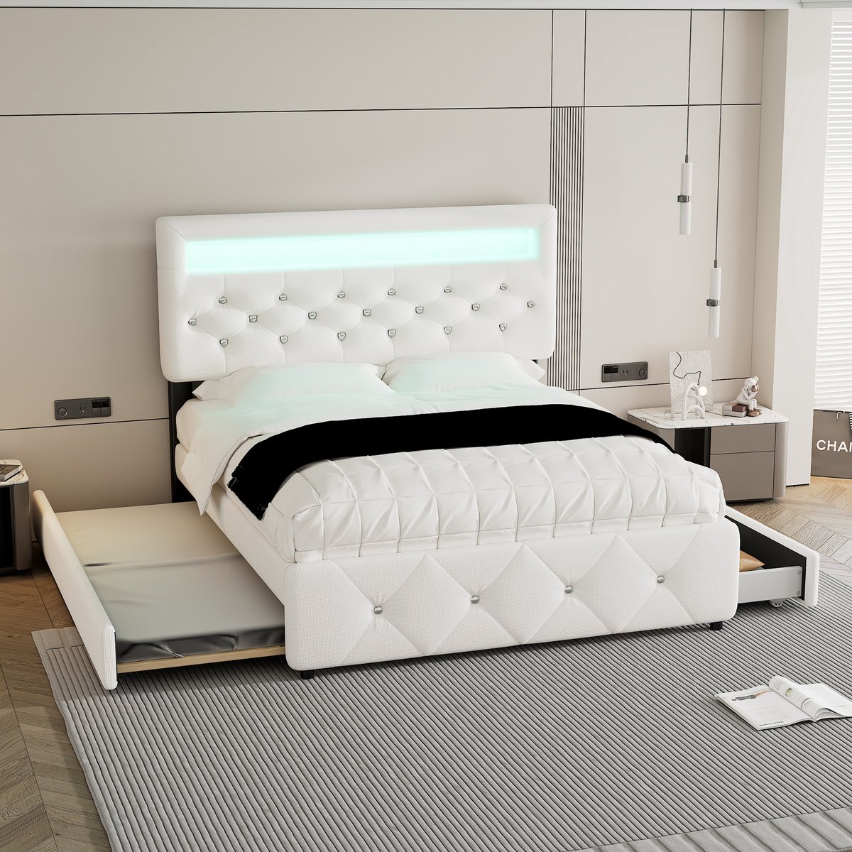 Clruro Twijfelaar - 140x200 cm - Bed met Uitschuifbed en 2 Lades - Lichtlijst op Hoofdbord - Wit