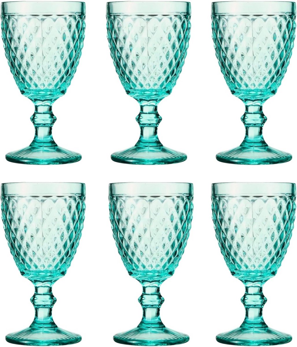 Set van 6 Vintage Turquoise Drinkglazen met Netpatroon - Kristal Stijl