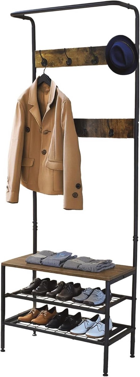 Vrijstaande Kapstok met Bankje en Schoenenrek - Industrieel Halmeubel 183 cm