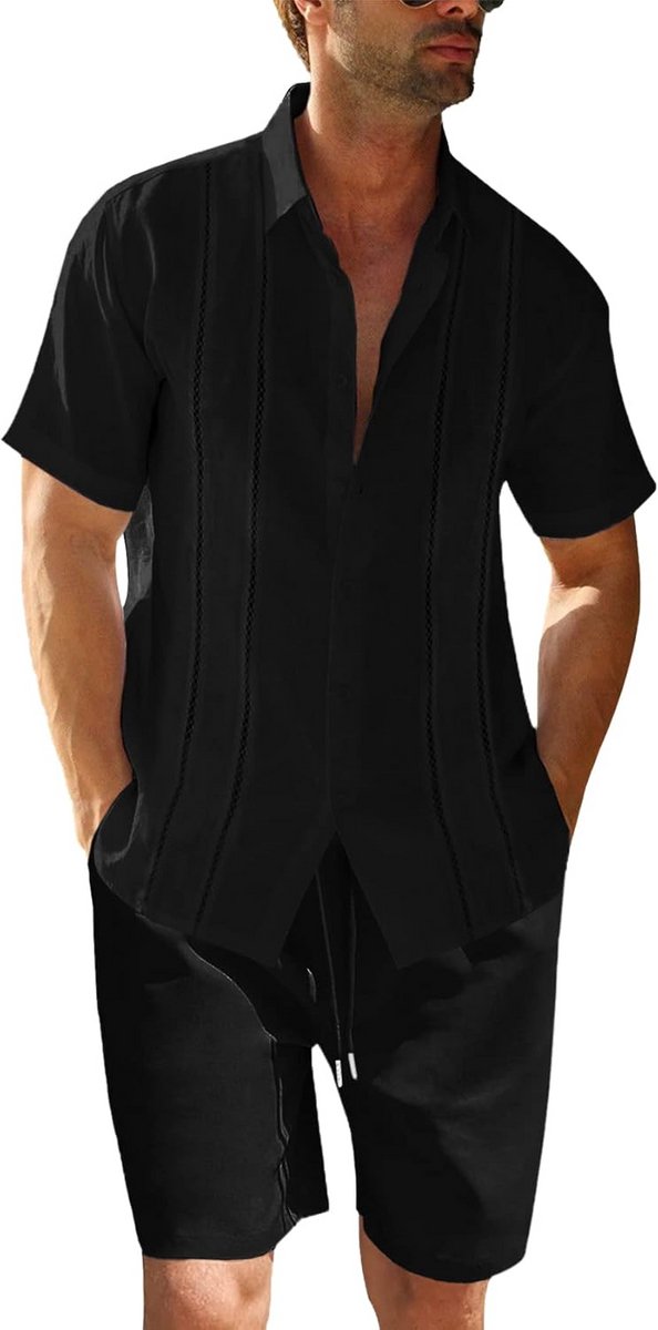 Linnen Tweedelige Set Heren Regular Fit Korte Mouw Strand Kleding