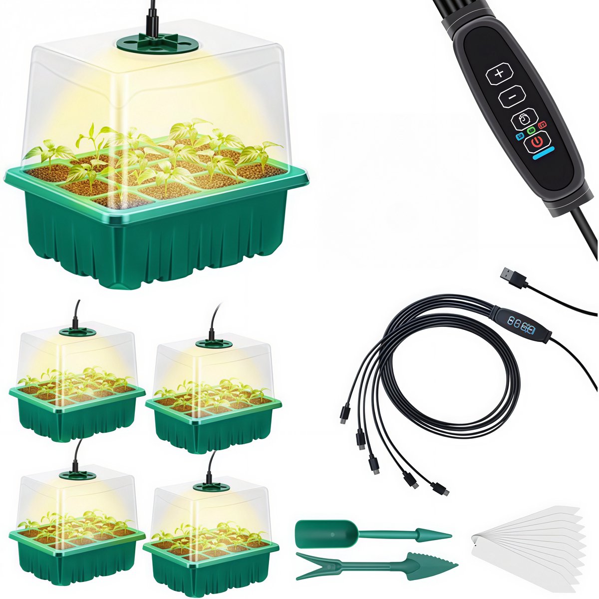 Groeilamp - Kweeklamp - LED groeilamp - Zaadstarter set - Plantenbak - 5-delige set - LED groeilampen - Plantengroeier - Slimme timer - Dimbaar - Vochtigheidsregeling - 60 cellen - Kweektrays binnenplanten - Vochtigheidskap