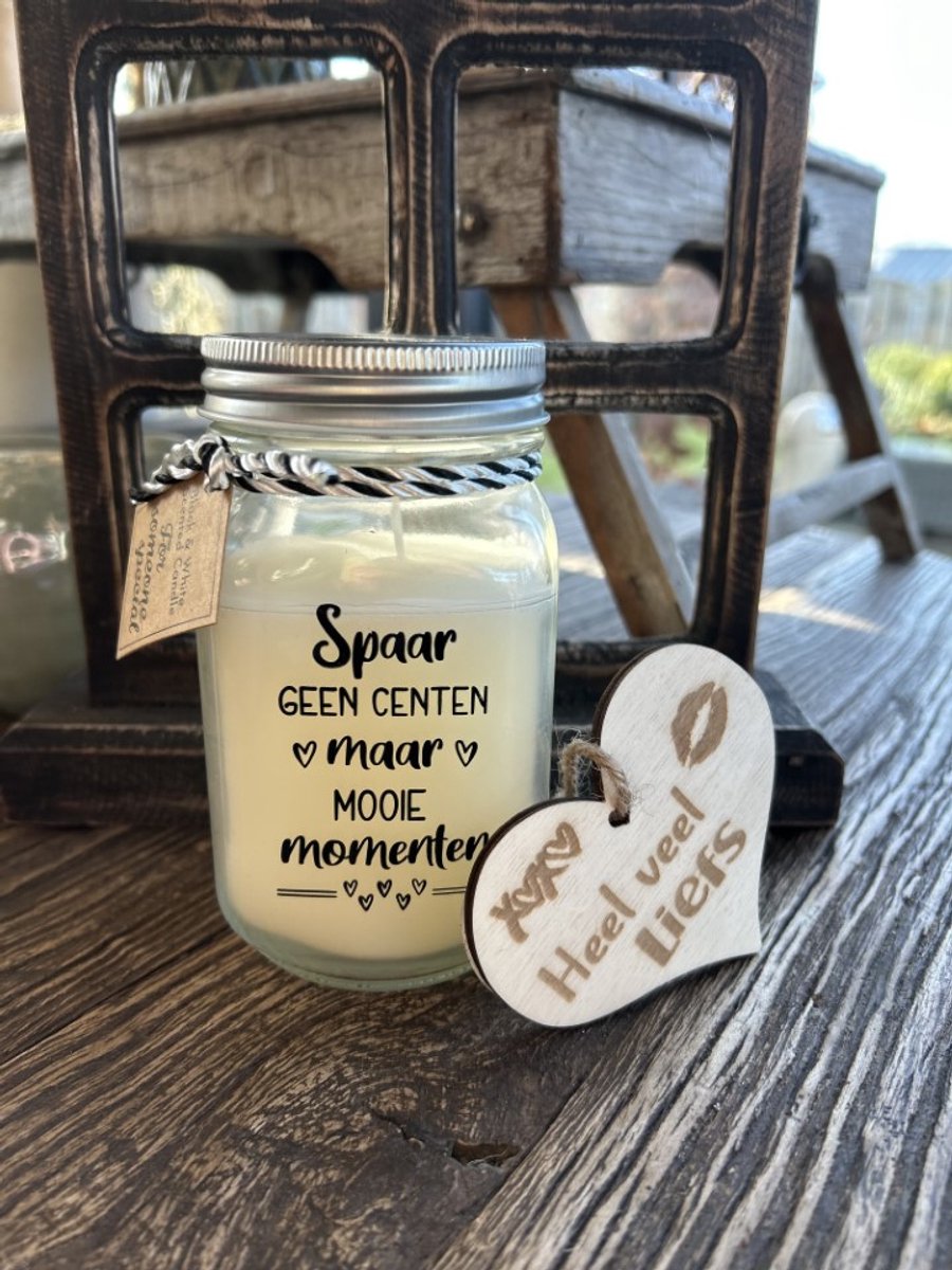 Creaties van hier Black & White scented candles Spaar geen centen met houten hartje – 13,5 cm – vanille spaar gen centen