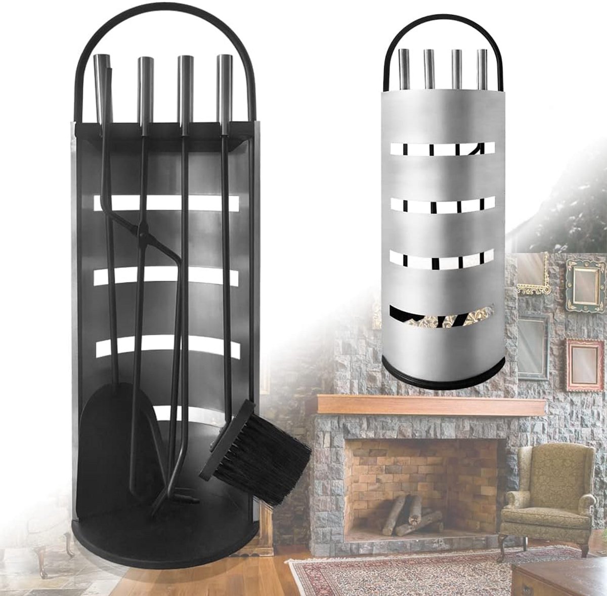 5-delige Openhaard Gereedschapset Inclusief Scherm - RVS Haard Accessoires