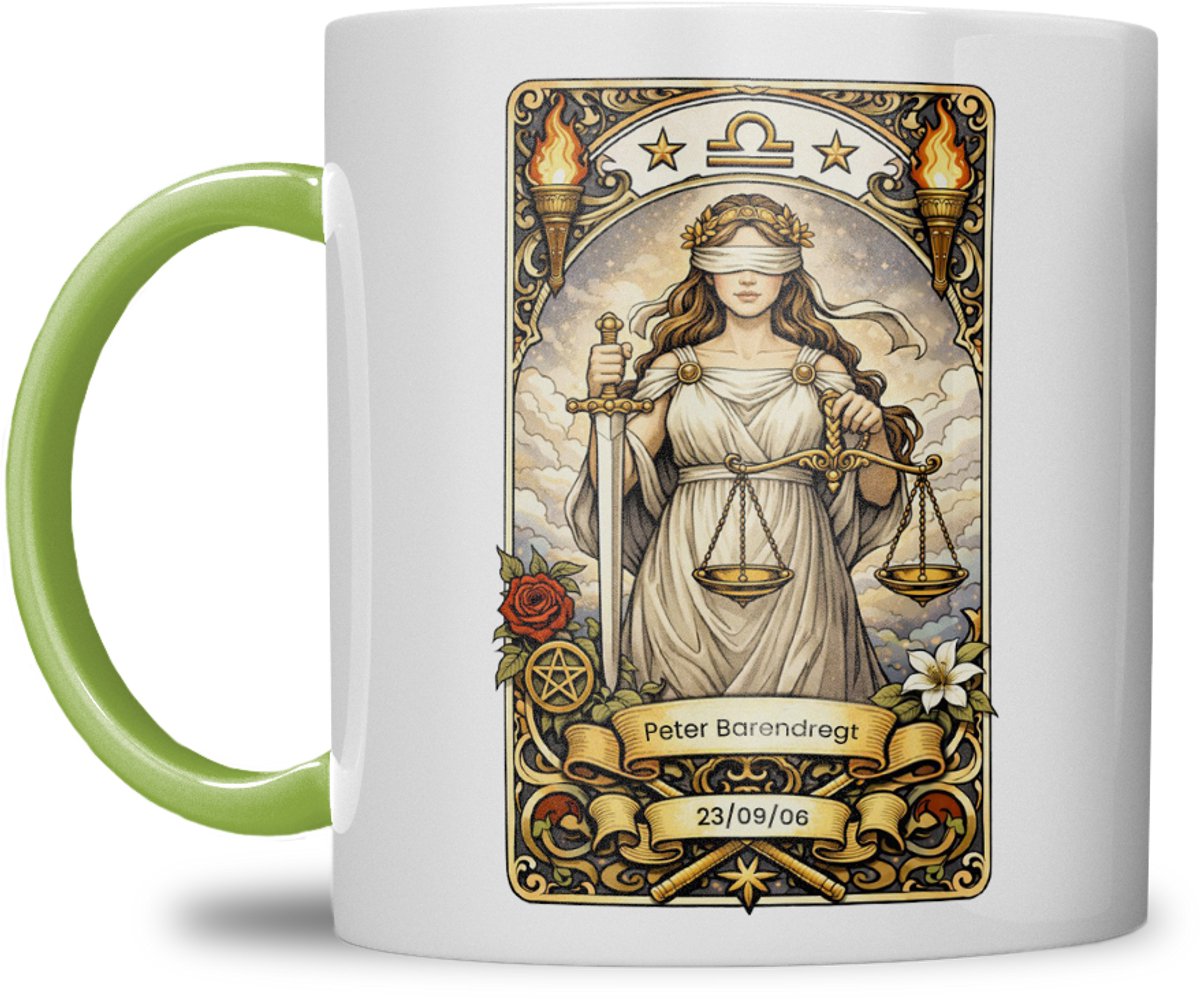 Sterrenbeeld mok - Weegschaal - Licht groen - Tarot mok - Gepersonaliseerd met naam en datum