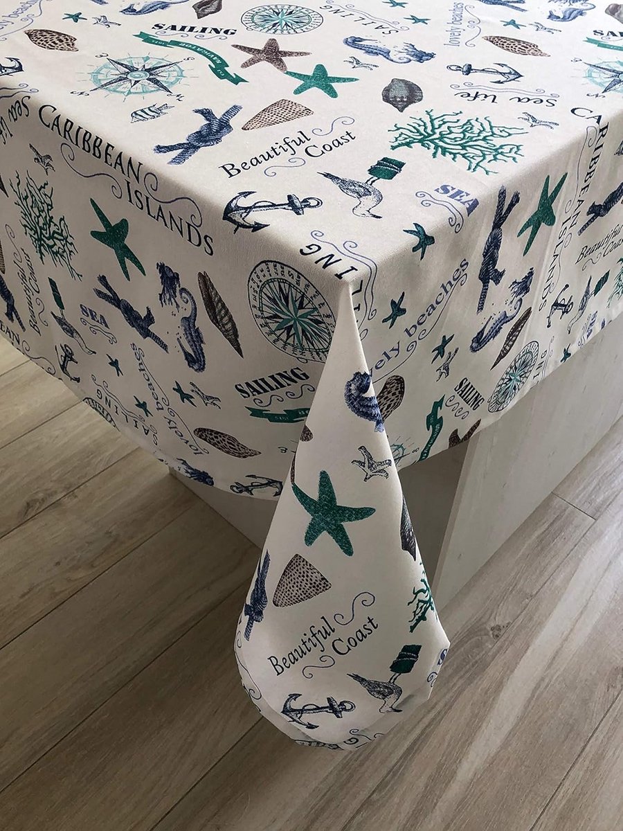 Katoenen Tafelkleed Groen Zee Thema Shabby Chic - 130x300 cm