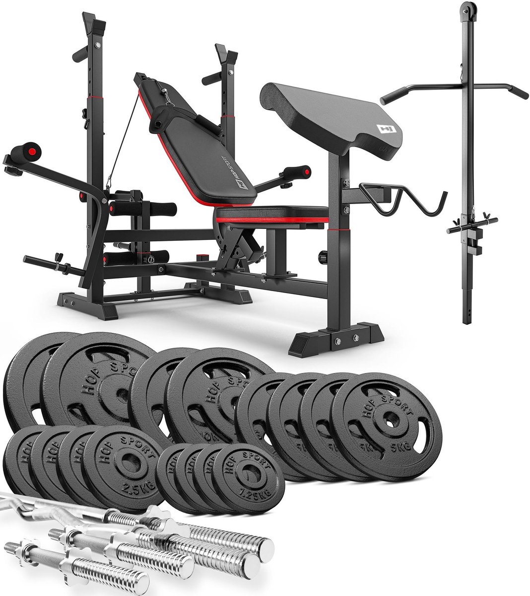 Hop-Sport HS-1075 – Halterbank Set – Gietijzeren Halterset met Lat Pulley – Verstelbaar – Krachttraining Thuis
