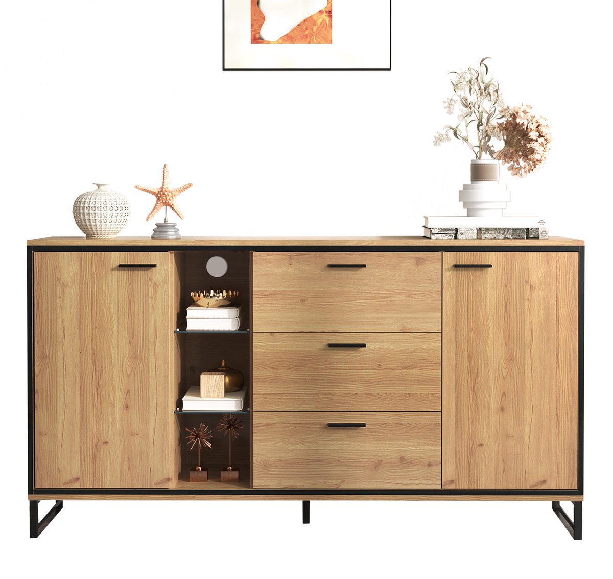 Sideboard 160 cm - Met 16 Kleuren LED Lichteffecten - 3 Lades & Moderne Houtlook
