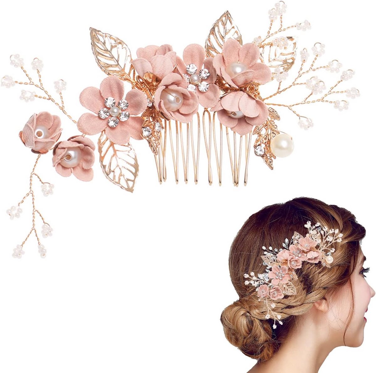 Roze Haarclip met Kristallen Bloemen - Bruidshaaraccessoire voor Bruiloft en Feest