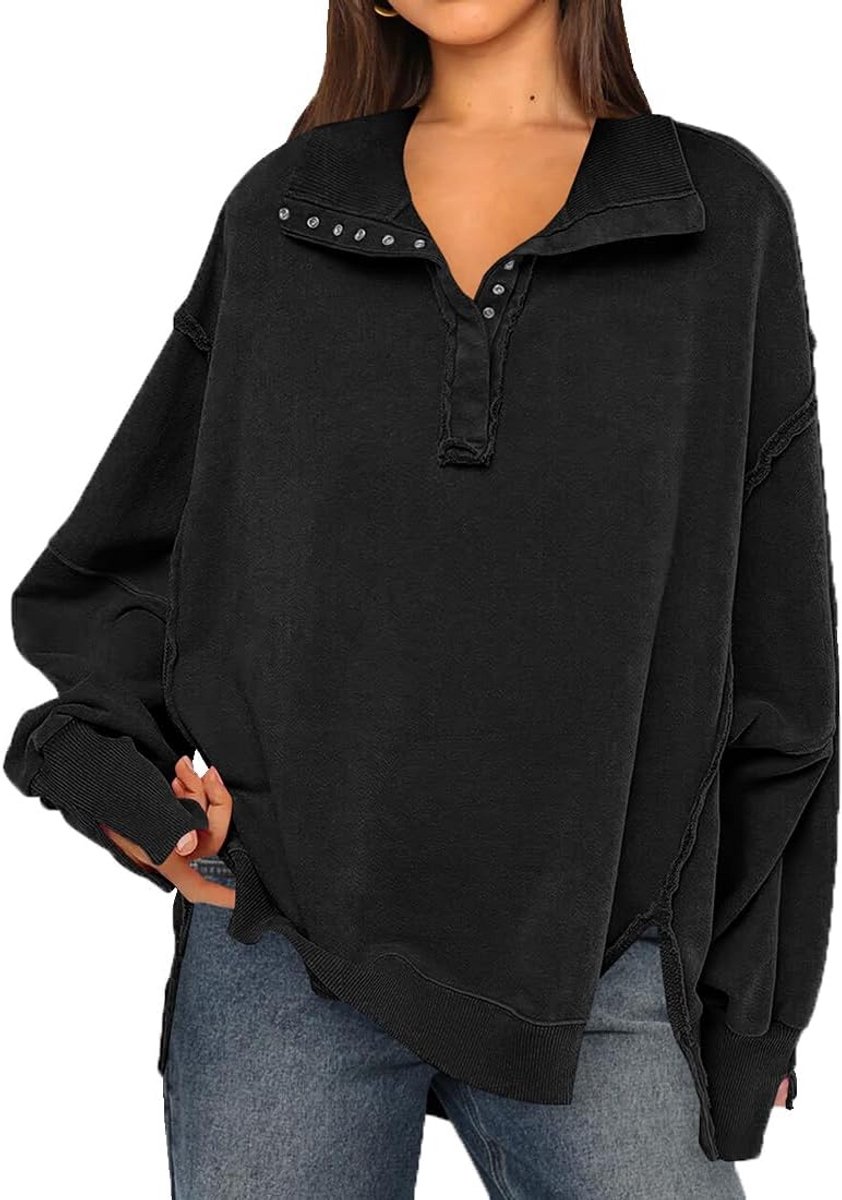 Dames Sweatshirt met V-hals en Knopen Vintage Oversized Trui
