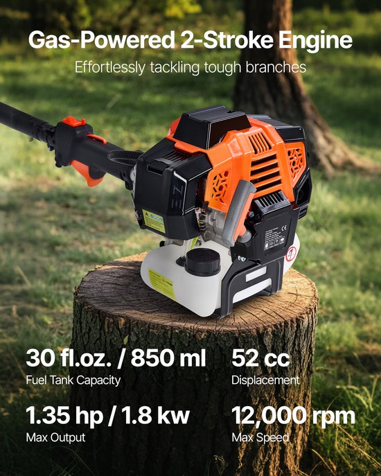 Gasgestookte stokzaag, 52 cc tweetaktmotor met 14 inch zaagblad, draadloze boomtrimmer met brandstoftank van 30 fl.oz, verstelbare lengte van 7,2 tot 10 ft, efficiënte kettingzaag voor snoeien en trimmen van Craftsman — afbeelding 3