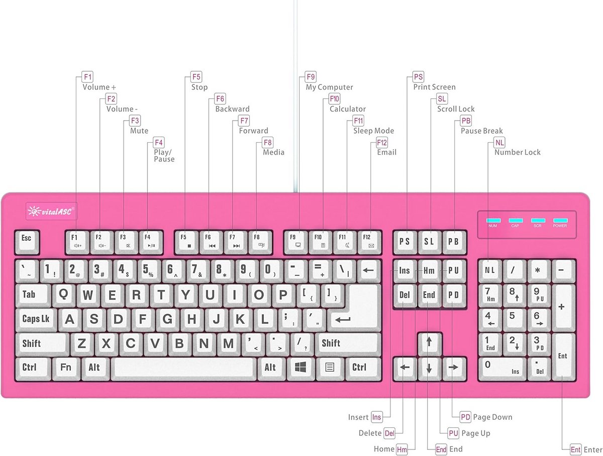 Ergonomisch USB Toetsenbord met Grote Letters - Morsbestendig en Bedraad - Roze/Wit