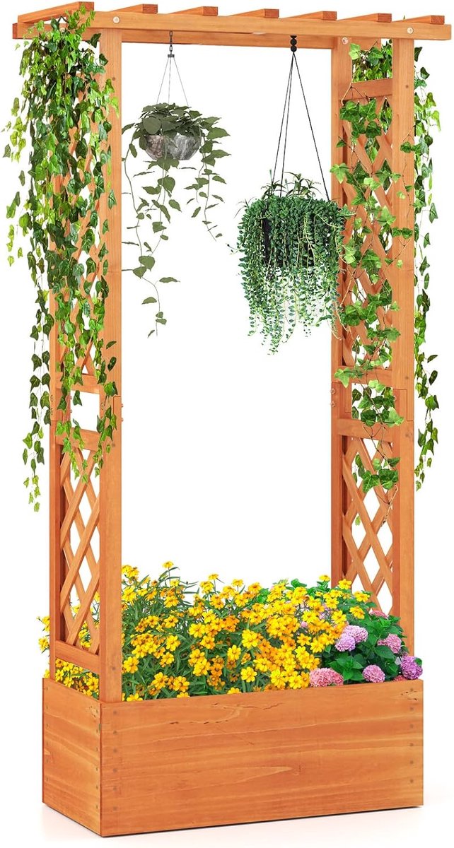KOMFOTTEU Verhoogd bloembed met rankrooster, bloembak met hangend dak en afvoergaten, plantenbak klimhulp voor tuin, terras, binnenplaats (oranje, 78 x 36 x 152 cm)