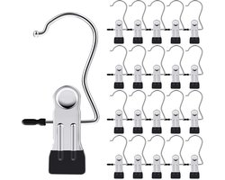 20 washaken - wasknijpers - clips - broekklem - hangerclips - schoenclips - Met haken - draagbare roestvrijstalen kledinghanger voor thuis en op reis - zwart