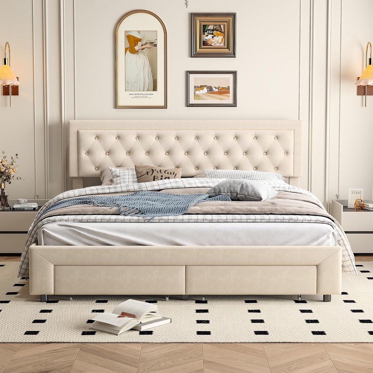 Gestoffeerd Tweepersoonsbed met Opbergruimte en Hoofdeinde, 160 x 200 cm, Beige