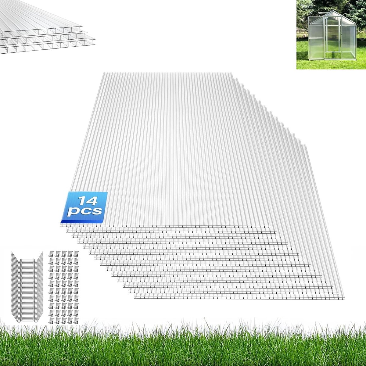 Aufun 14x Polycarbonaat Platen 4mm 60,5x121cm 10,25m² - UV-bestendig Voor Kas Carport Tuin