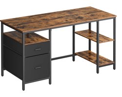 Computerbureau Bureau Schrijftafel Minimalistisch industrieel design Met verstelbare poten 3 planken en 2 lades Stevig duurzaam metalen frame Eenvoudig te monteren Geschikt voor thuiskantoor en studeerkamer 60x140x76cm Vintagebruin+Zwart