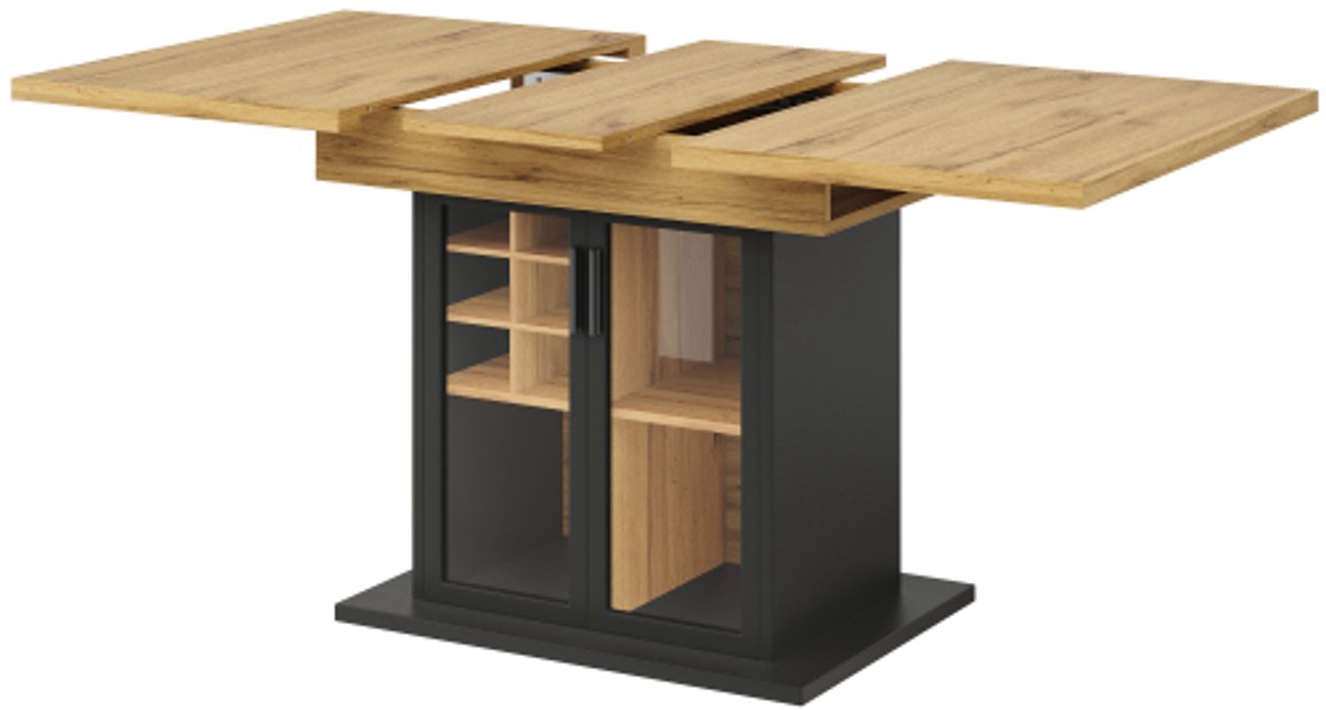 Uitschuifbare Eettafel 110-140 x 80 x 76 cm, Eettafel, Keukentafel, Opbergtafel – Geschikt voor 4-6 personen, Met wijnrek – Houtkleur, Glazen Deur