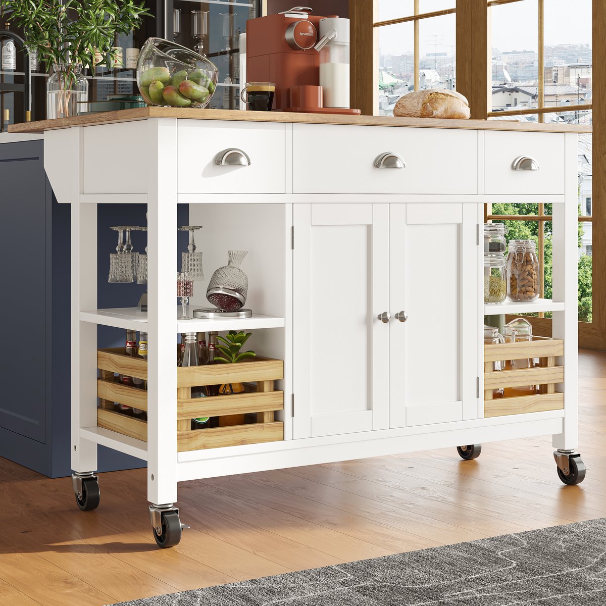 STILVORA Keukeneiland - Klapbaar Keukenwagen Met Uittrekbare Mand En Verstelbare 3-Niveau Indeling - Voor Keuken En Eetkamer - MDF - 120x45x90 cm - Naturel+Wit