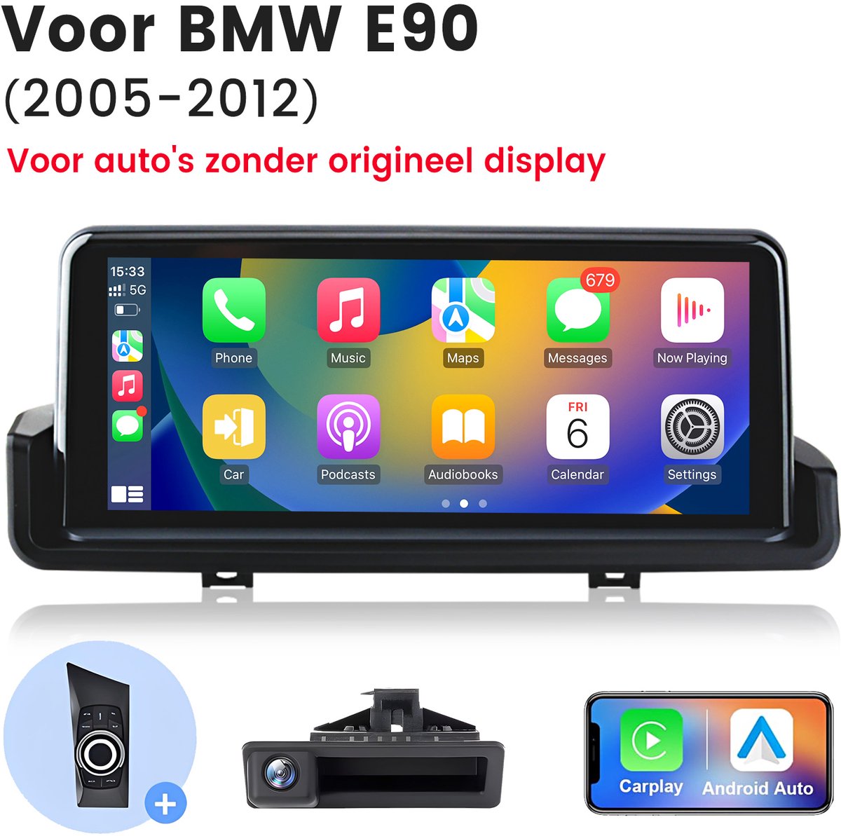 Hexinex autoradio Geschikt voor BMW 3 Serie E90 E91 E92 E93 - Draadloos CarPlay, Android auto, multimediaspeler, 2GB+8GB