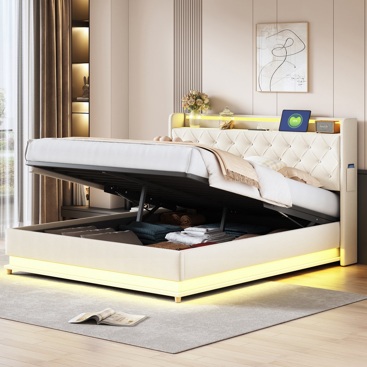 MODFU Bedframe 160x200 cm, gestoffeerd in beige linnenlook, met LED, USB en opbergruimte